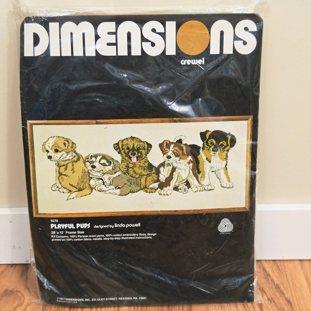 Dimensions Crewel Kit Playful Pups 28x12 Tan Vintage 1977 Linda Powell 1070 wool
